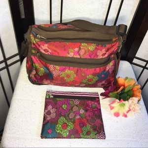 LeSportsac EUC Lightweight Floral Nylon Crossbody Shoulder Bag w/ Matching Pouch